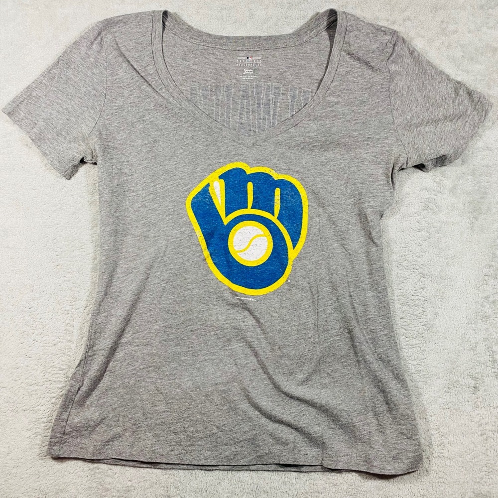 Campus Lifestyle Milwaukee Brewers T-Shirt Women Large Gray V-Neck MLB Graphic